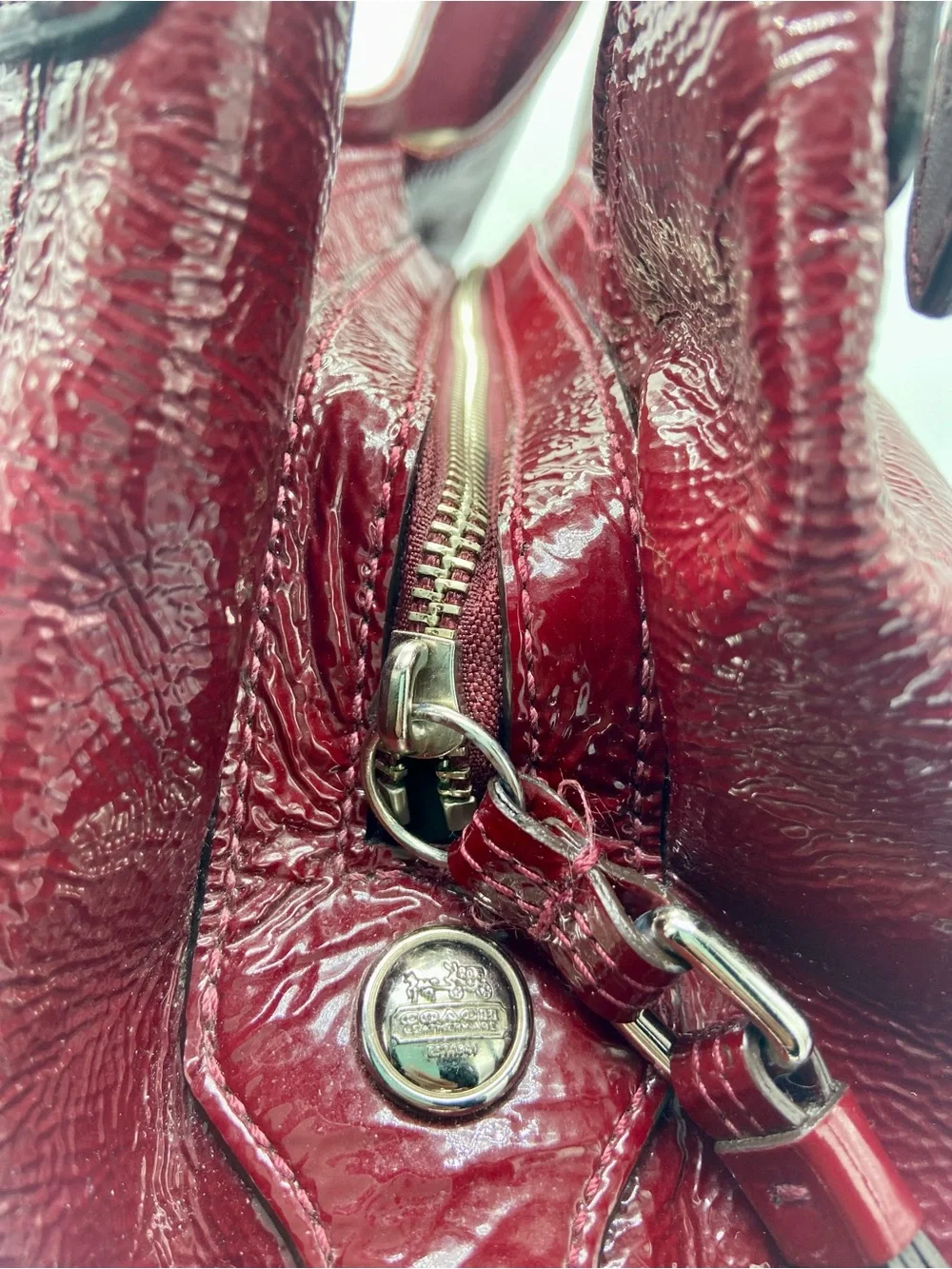 Coach Mia 15734 Burgundy Red Patent Leather Shoulder Bag Hobo Silver Hardware